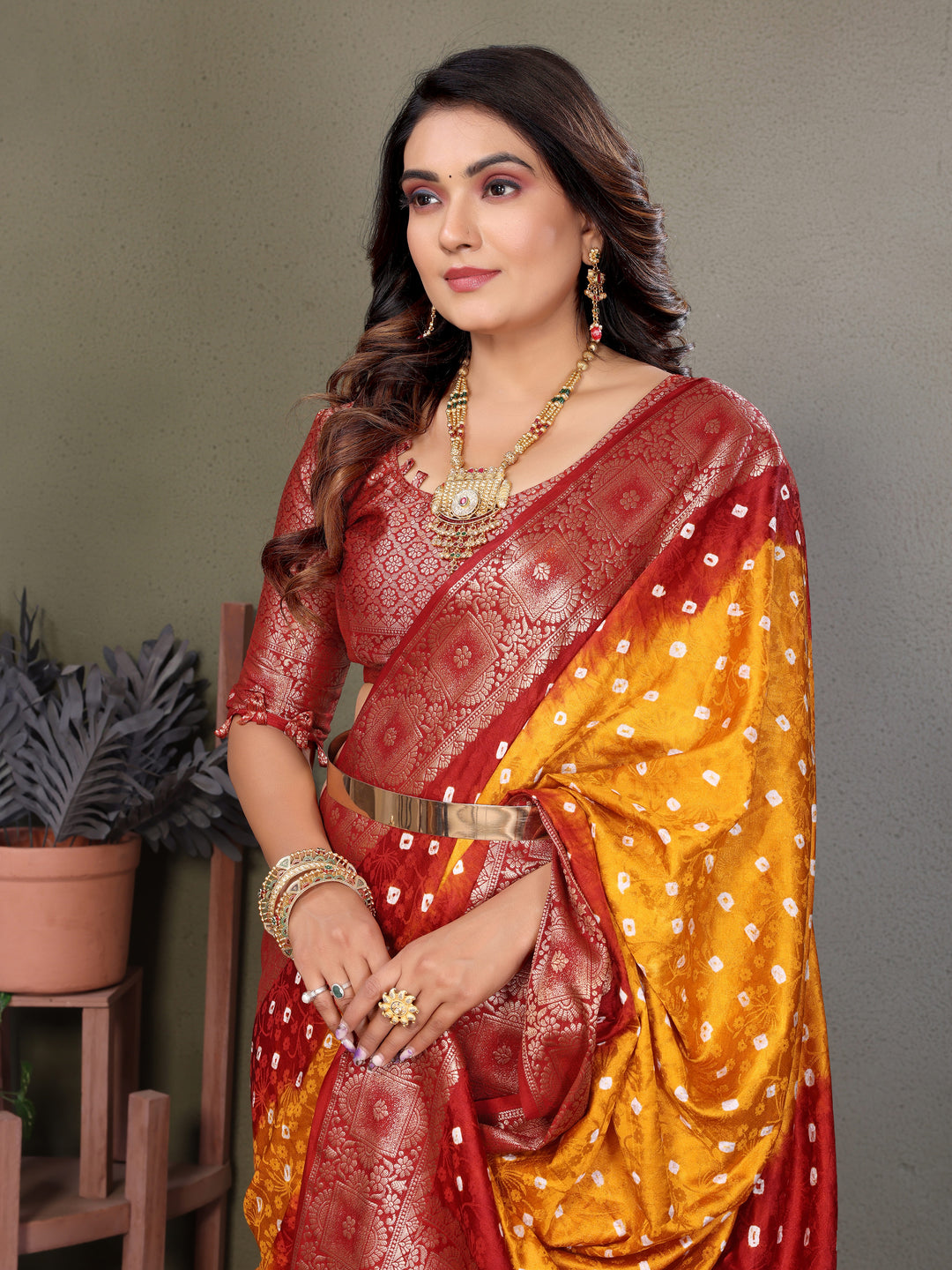 Yellow Satyavati Bandhej Satin Silk Saree Made By Original Bandhej With Zari Weaving Border
