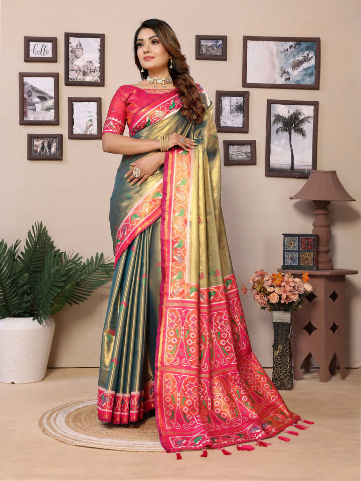 Green Surekha Banarasi Silk Saree With Contrast Patola Woven Borders & Pallu