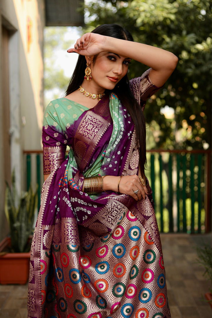 Green Ishani Pure Bandhej Silk Saree Minakari Weaving Butta With Zari