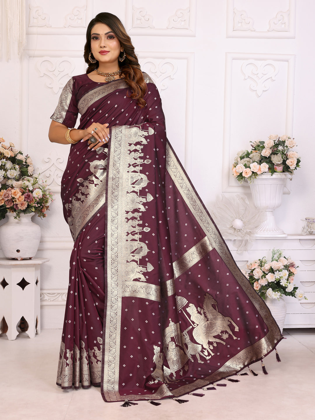 Dark Brown Heena summer kochi silk saree with beautiful Bandhej weaving work soft comfy....