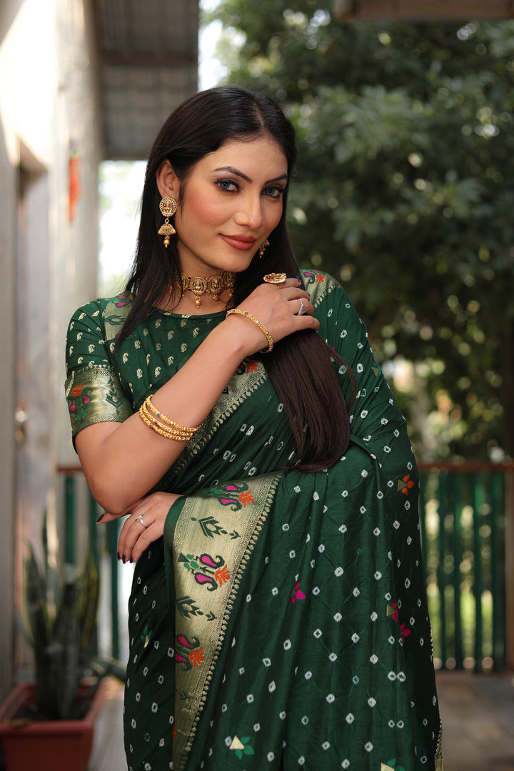 Green Yogeshwari Dola Soft Silk Bandhej Saree With Jari Border & Weaving Paithani Style Rich Pallu