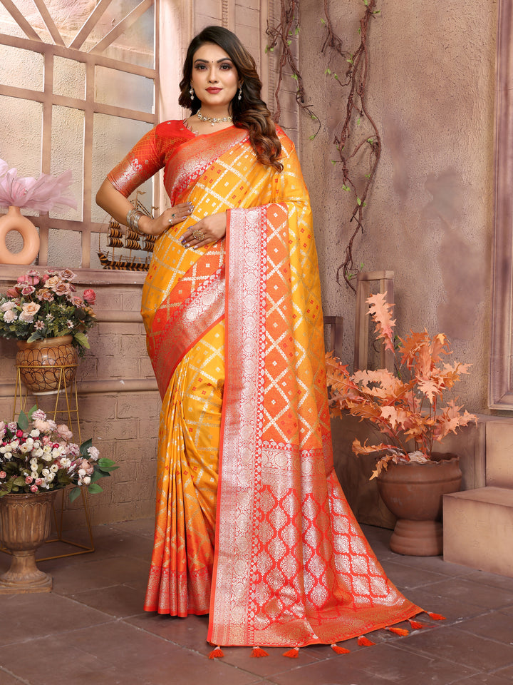 Yellow Kundan kochi silk saree with beautiful Checks weaving exclusive work soft comfy