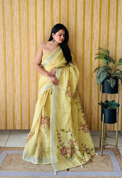 Yellow Namrata Soft Linen Cotton Digital Print Sarees With Batik Print With Silver Border