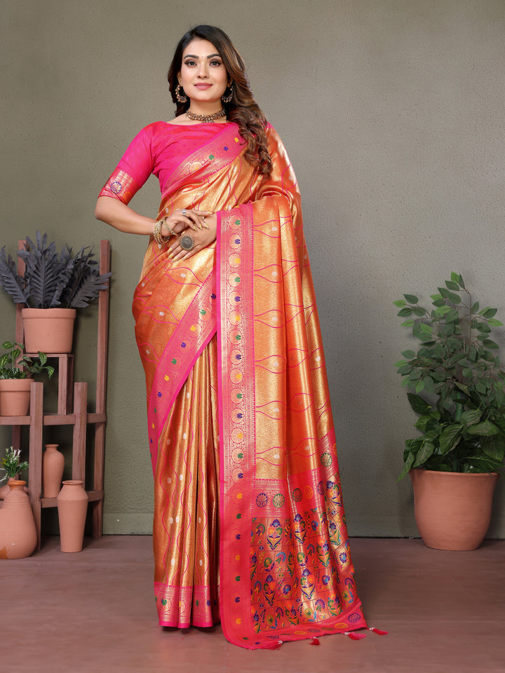 Orange Vasant Banarasi Tissue Silk Saree With Laheriya Woven Borders & Contrast Banarasi Pallu