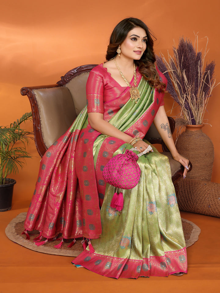 Parrot Saroj Banarasi Silk Saree With Contrast Paithani Woven Borders & Pallu