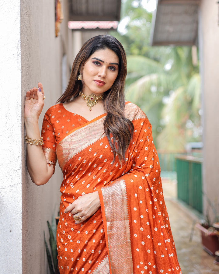 Orange Yashomati Dola Soft Silk Bandhej Sarees With Awesome Two Sides Jari Border &  Paithani Style Rich Pallu