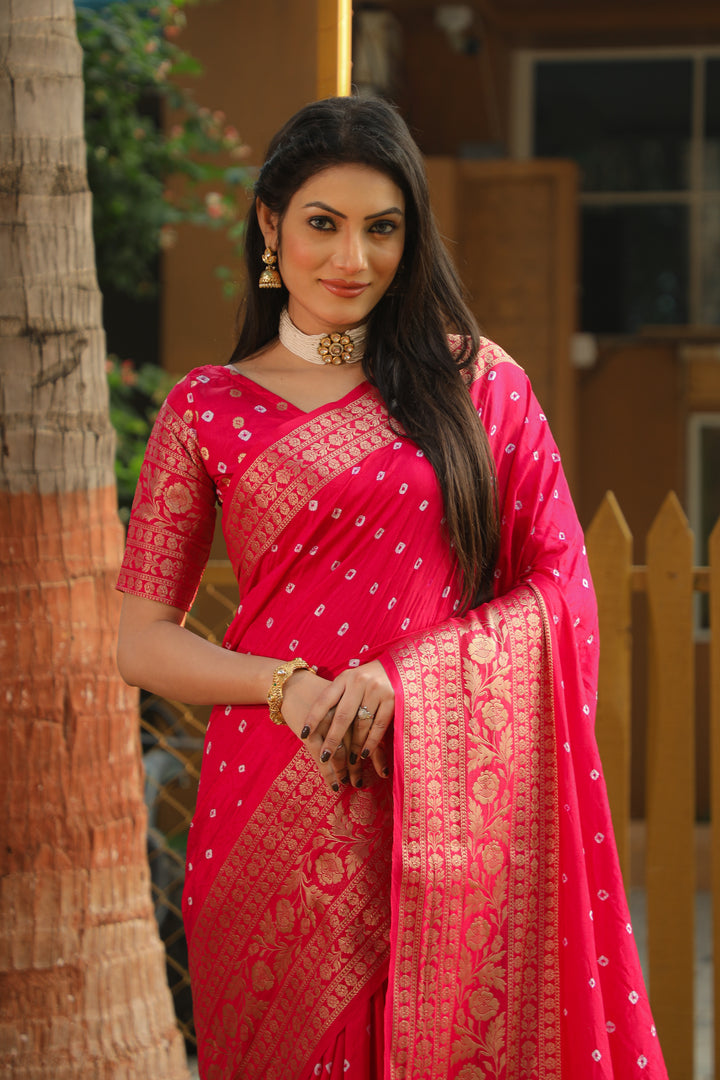 Pink Toral Bandhej Kanjivaram Silk Saree Kanjivaram Border With Zari Weaving Rich Pallu