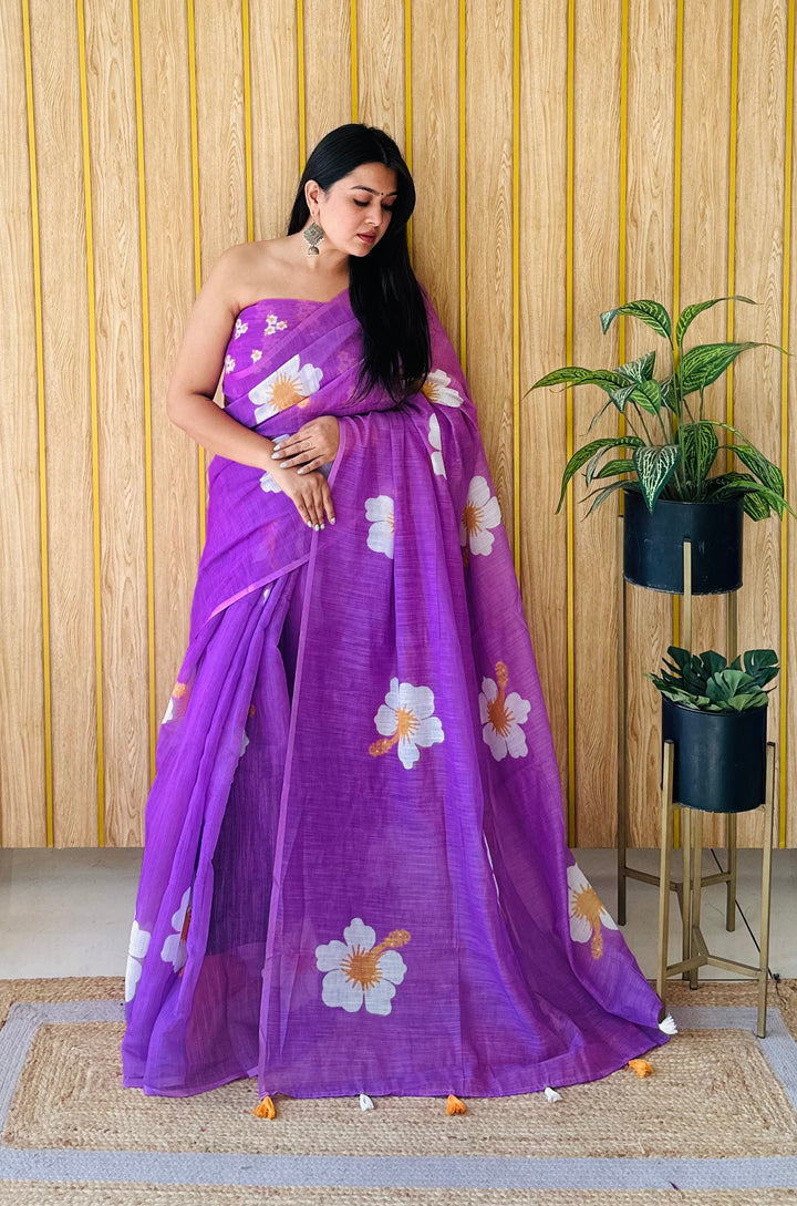 Purple Champa-2 Soft Linen Cotton Digital Print Sarees With Flower Print & Printed Pallu