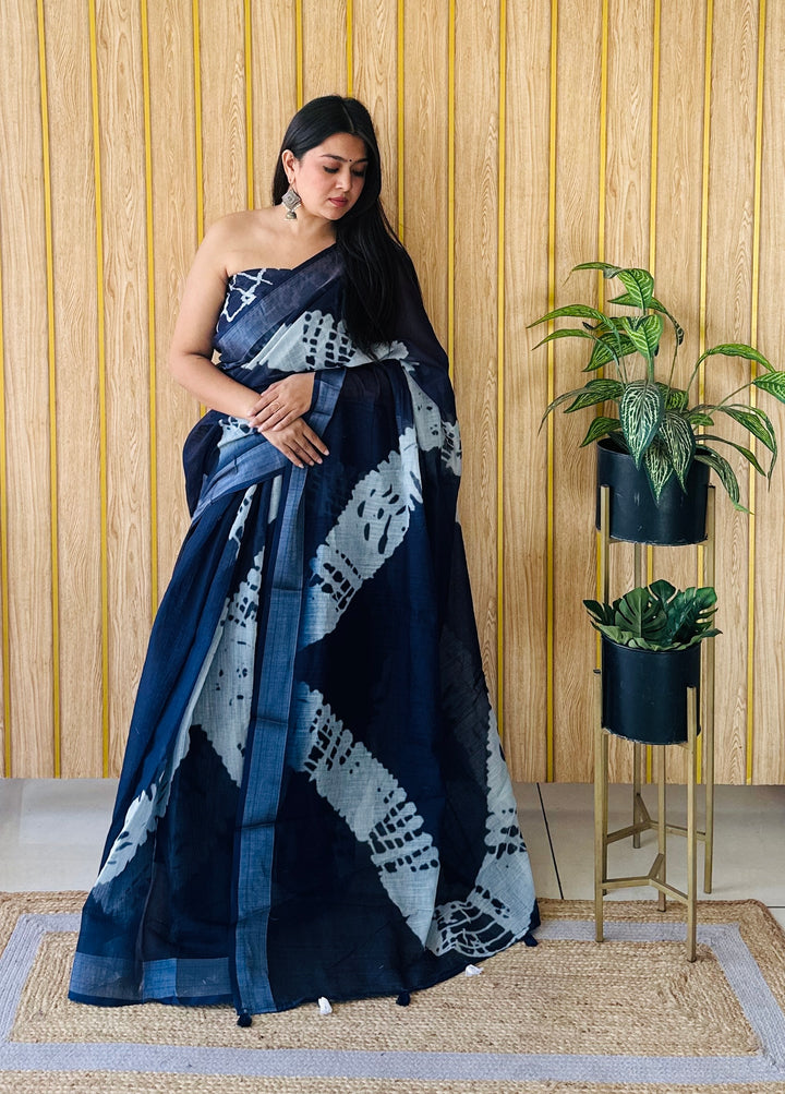 Navy Blue Aarya-3 Soft Linen Cotton Digital Print Sarees With Batik Print With Silver Border