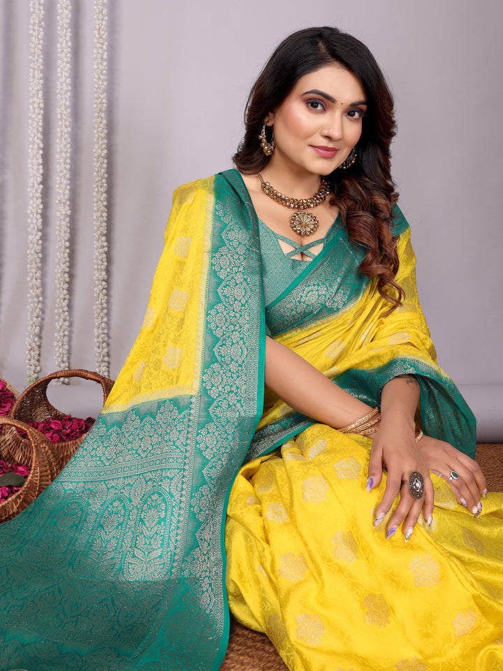 Yellow Sandhya Satin Silk Sarees With Butta Designs & Contrast Zari Woven Borders