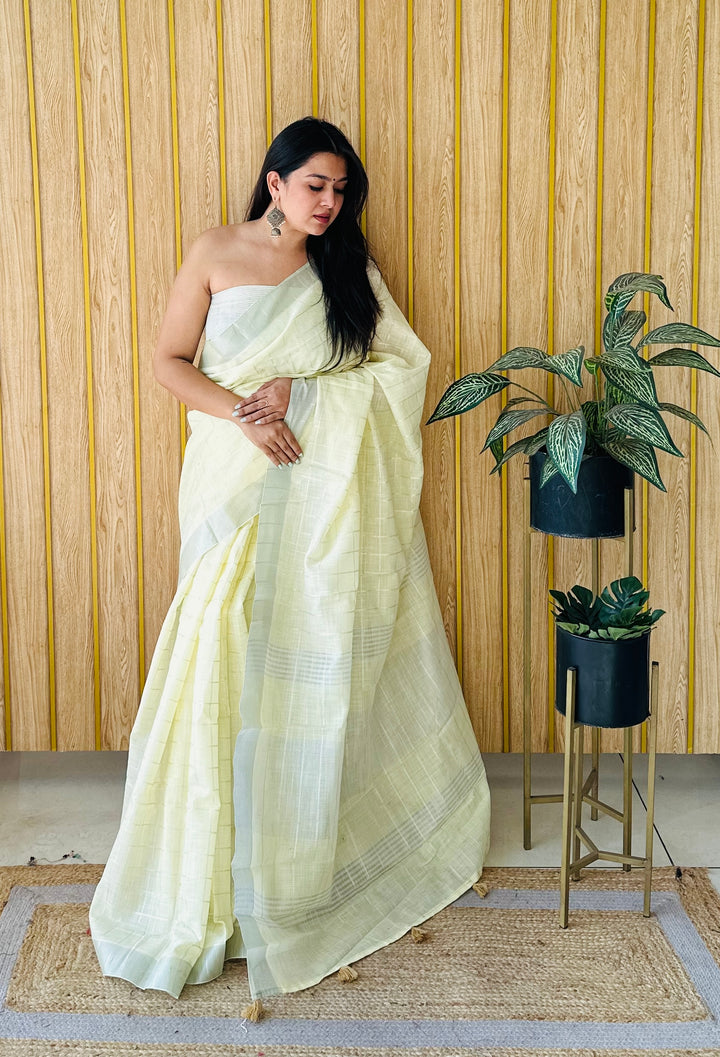 Light Yellow Ridhdhi Linen Chex Concept Sarees With Ached Weaving All Over Saree