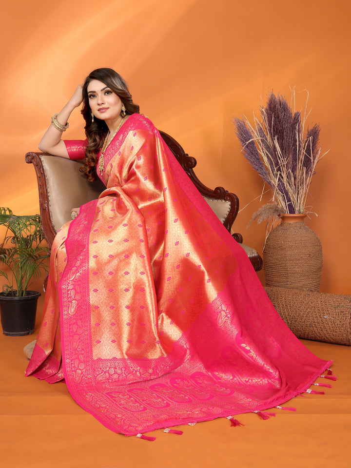 Orange Devika Handloom Tissue Silk Sarees with Zari Weaving and Contrast Zari woven borders