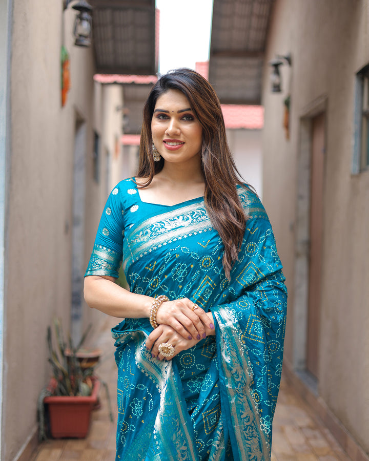 Sky Pushpavati Soft Dola Silk Bandhej Sarees With Kanchi Weaving Border With Multicolour Bandhej Block Print Design