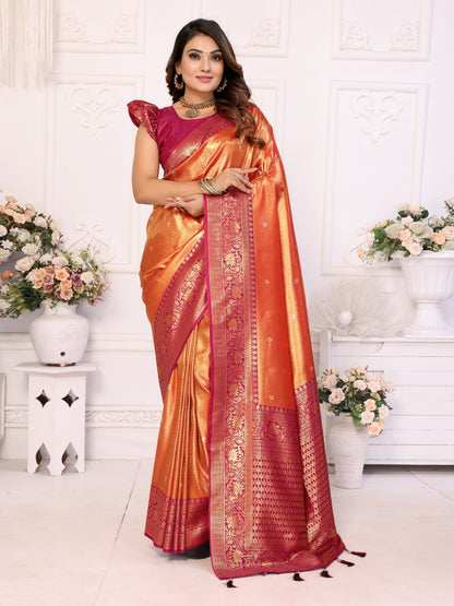 Orange Eshwari Banarasi tissue silk  sarees with all over Butti contrast woven borders classic pallu