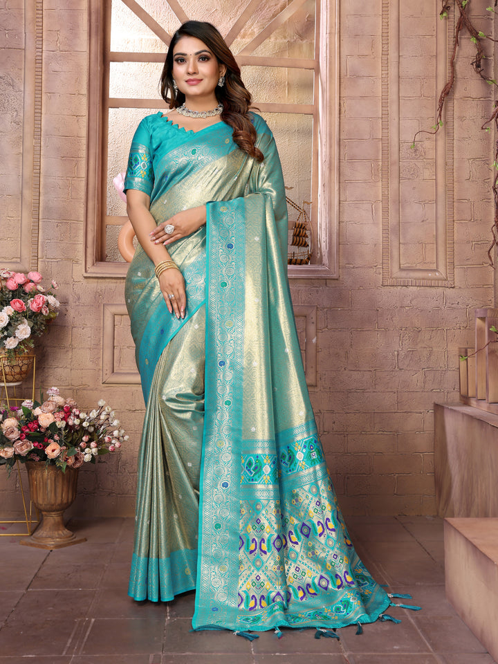 Sky Blue Vimala Banarasi Silk Saree With Contrast Paithani Woven Borders & Pallu