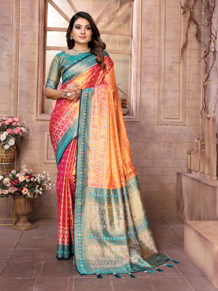 Orange Tarveni Banarasi Tissue Silk (Patola weaving) Saree With Contrast Patola Woven Borders & Pallu
