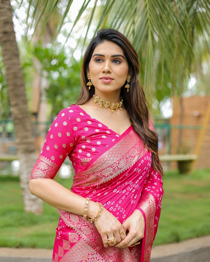 Pink Padmavati Dola Soft Silk Bandhej Saree With All Over Handmade Bandhej With Jari Weaving Border