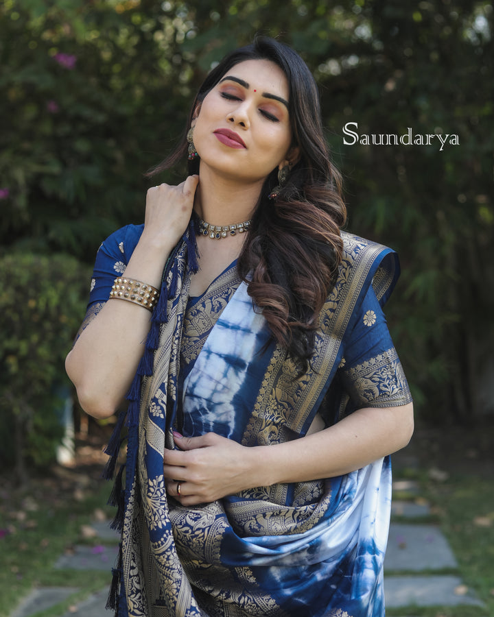 Blue Saundarya Sibori Work With Soft Dola Silk With Zari Border & Zari Weaving  Rich Pallu