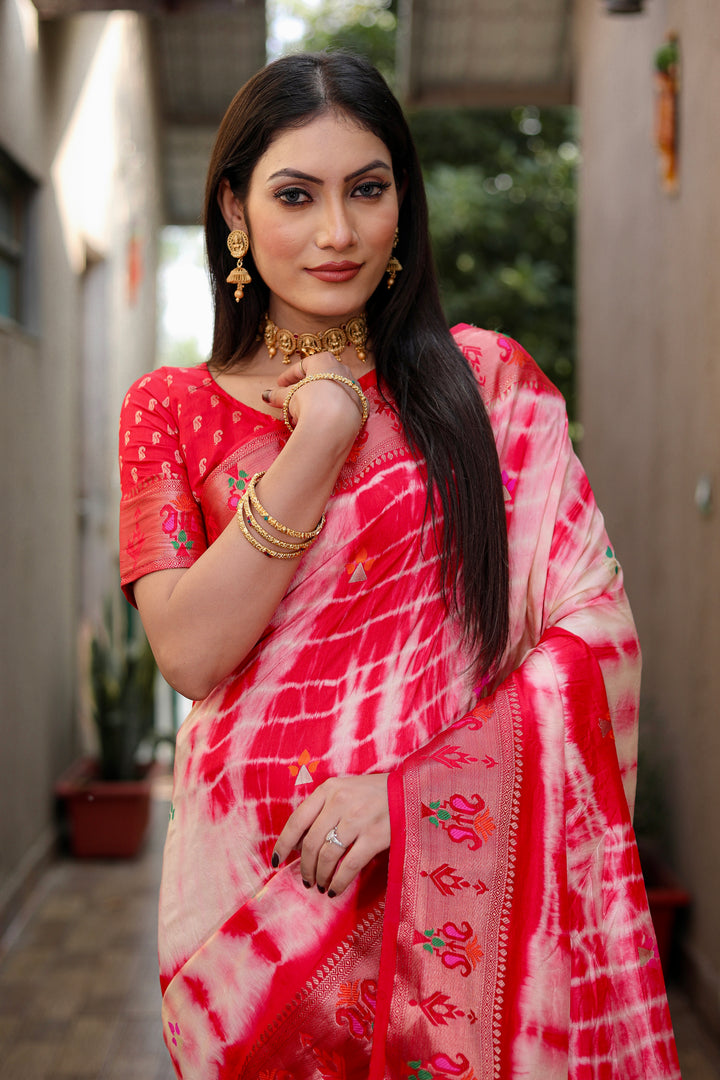 Red Poonam Sibori Print Paithani Silk Sarees With Gold Zari Paithani Border & Contrast Rich Pallu
