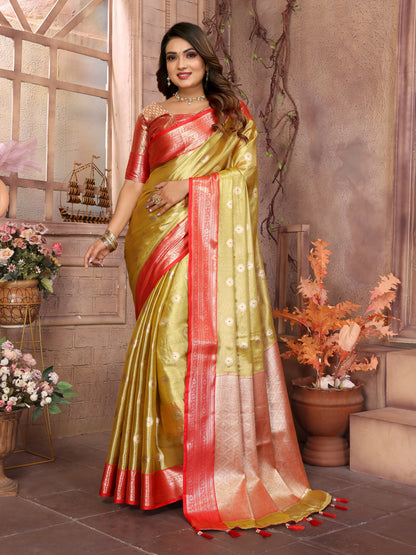 Light Green Anita Handloom Tissue Silk Sarees with Zari Weaving Designs and Zari borders Rich Pallu