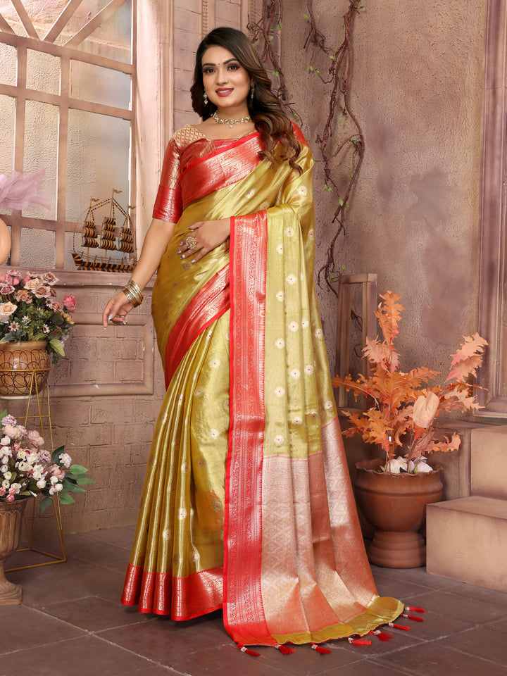 Light Green Anita Handloom Tissue Silk Sarees with Zari Weaving Designs and Zari borders Rich Pallu