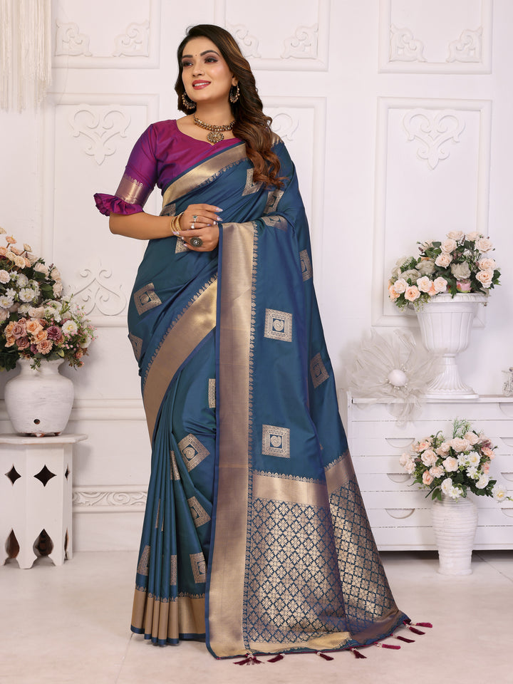 Blue Sameera Lichi soft Silk sarees & woven Butta concept With woven Zari borders both sides