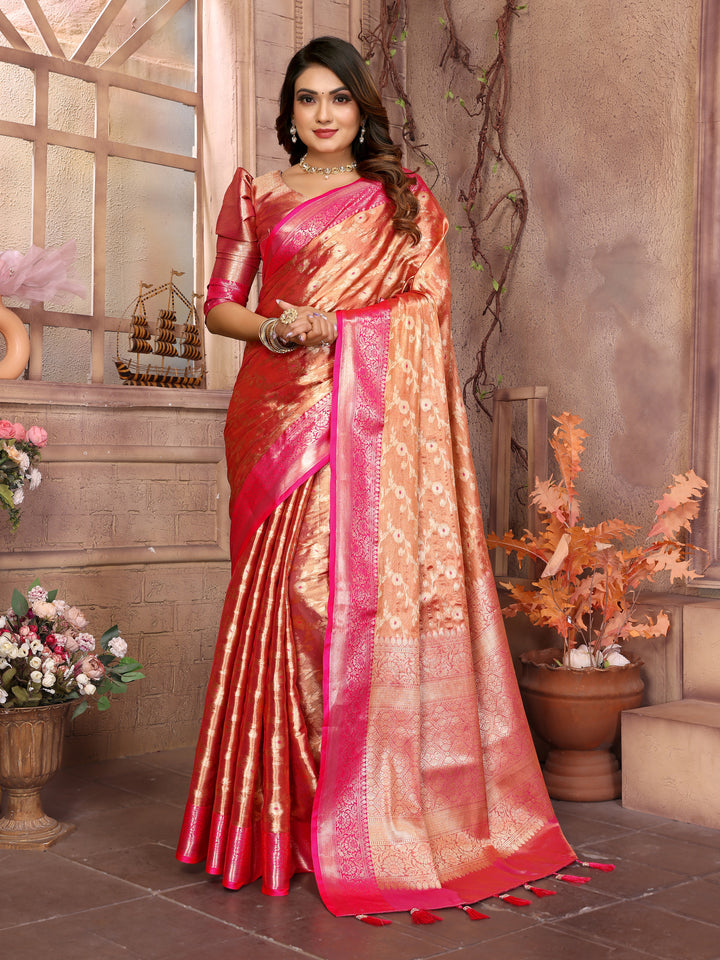 Orange Vanita Tissue Silk Saree Zari Designs and Contrast Zari Borders & Rich Pallu