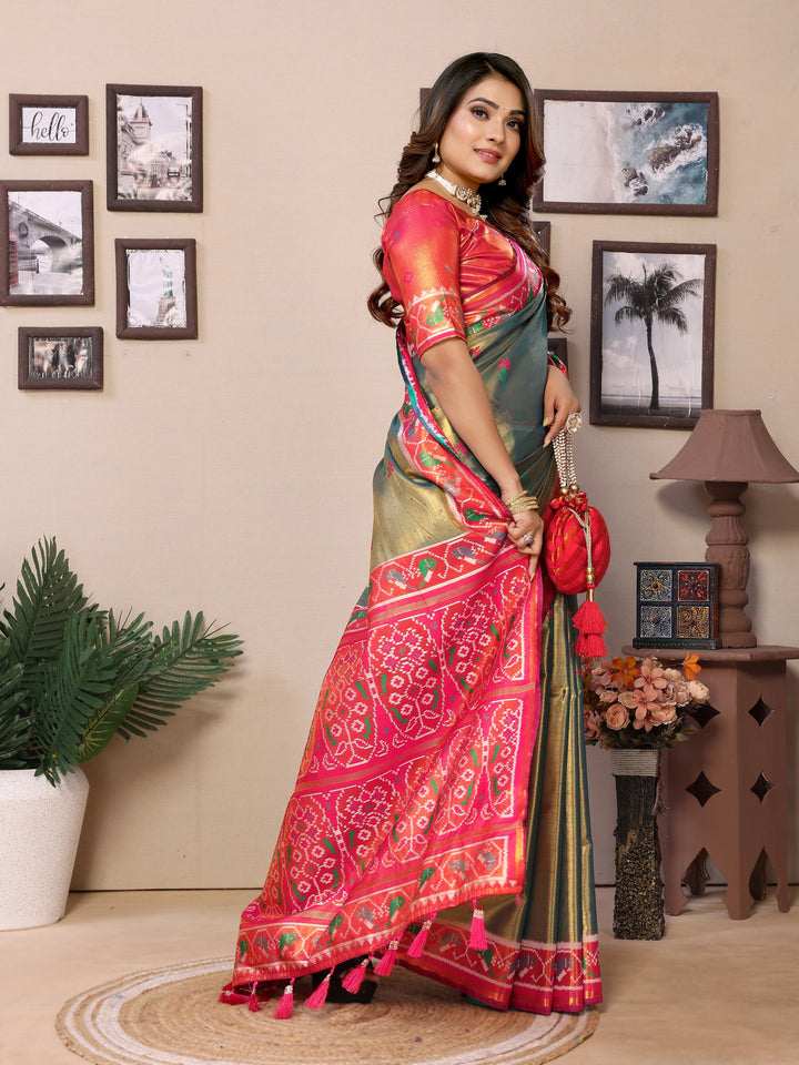Green Surekha Banarasi Silk Saree With Contrast Patola Woven Borders & Pallu