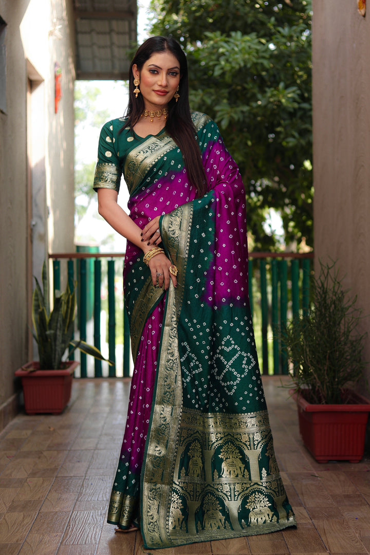 Purple Vahini Pure Bandhej Silk Saree With Bandhej Border & Zari Weaving Rich Tissue Pallu