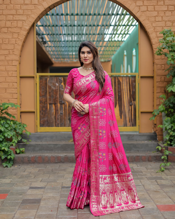 Pink Mastani Soft Dola Silk Bandhej Print Sarees With Kanchi Weaving Border And Allover Zari Border