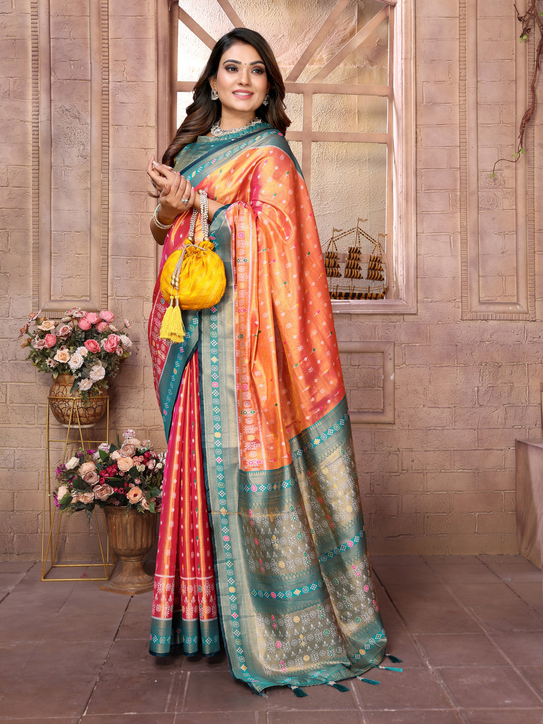 Orange Tarveni Banarasi Tissue Silk (Patola weaving) Saree With Contrast Patola Woven Borders & Pallu