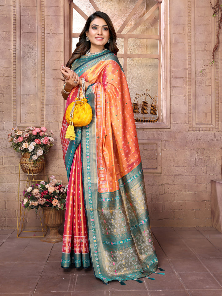Orange Tarveni Banarasi Tissue Silk (Patola weaving) Saree With Contrast Patola Woven Borders & Pallu