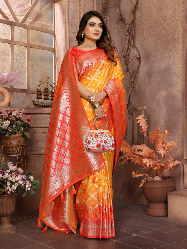 Yellow Kundan kochi silk saree with beautiful Checks weaving exclusive work soft comfy