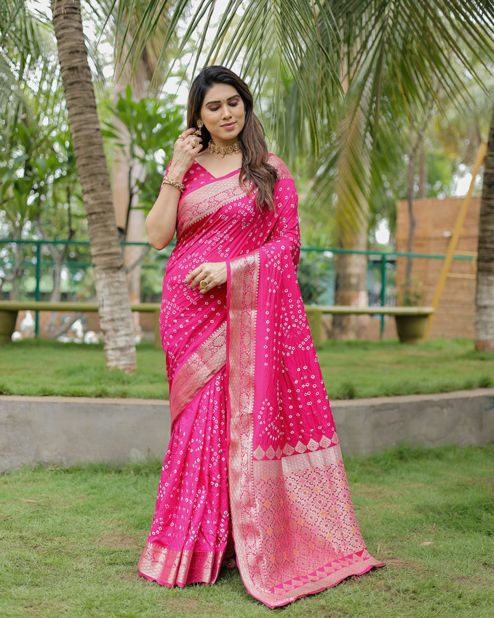 Pink Padmavati Dola Soft Silk Bandhej Saree With All Over Handmade Bandhej With Jari Weaving Border