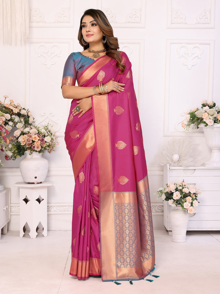 Pink Vardhman Lichi soft Silk sarees woven Butta concept & woven Zari borders both sides