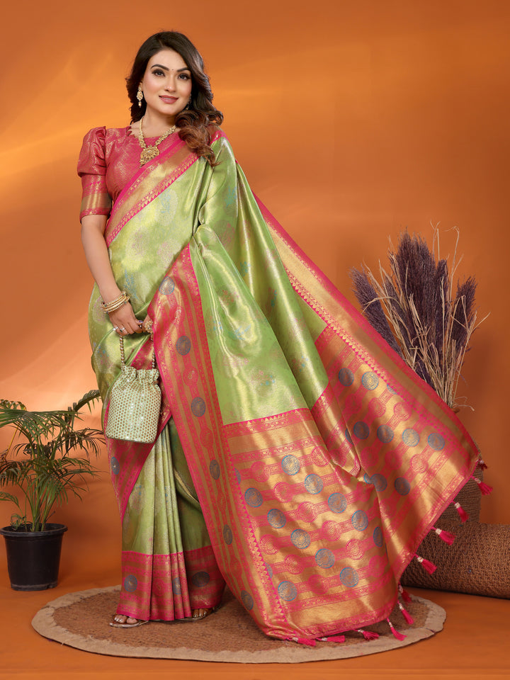 Parrot Sonali Banarasi Silk Saree With Contrast Paithani Woven Borders & Pallu