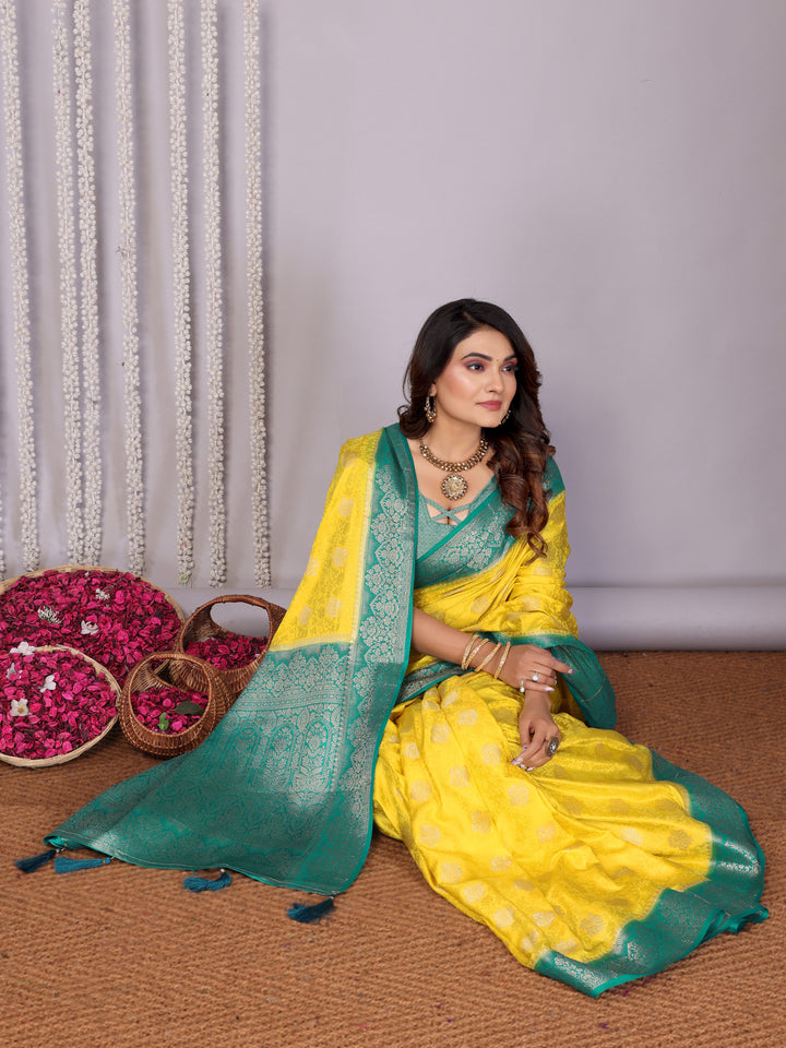 Yellow Sandhya Satin Silk Sarees With Butta Designs & Contrast Zari Woven Borders