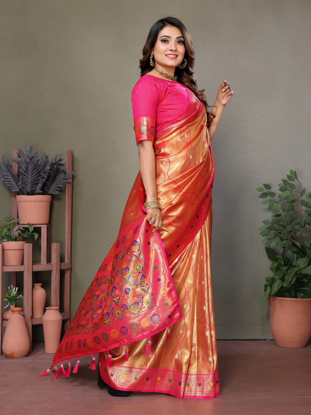 Orange Vasant Banarasi Tissue Silk Saree With Laheriya Woven Borders & Contrast Banarasi Pallu