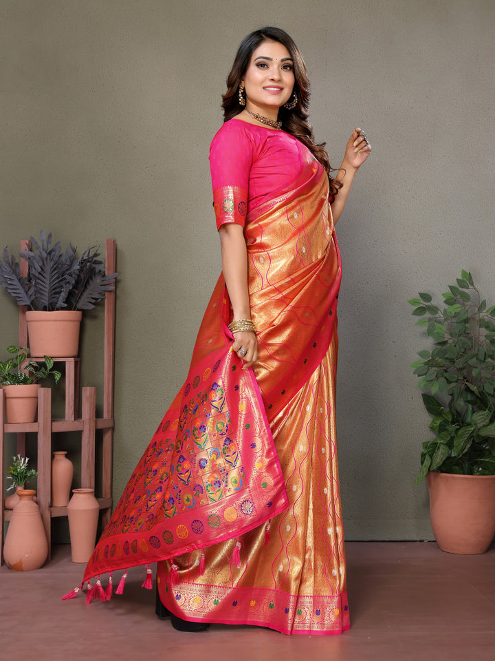 Orange Vasant Banarasi Tissue Silk Saree With Laheriya Woven Borders & Contrast Banarasi Pallu
