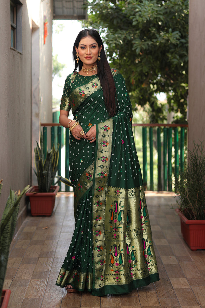 Green Yogeshwari Dola Soft Silk Bandhej Saree With Jari Border & Weaving Paithani Style Rich Pallu