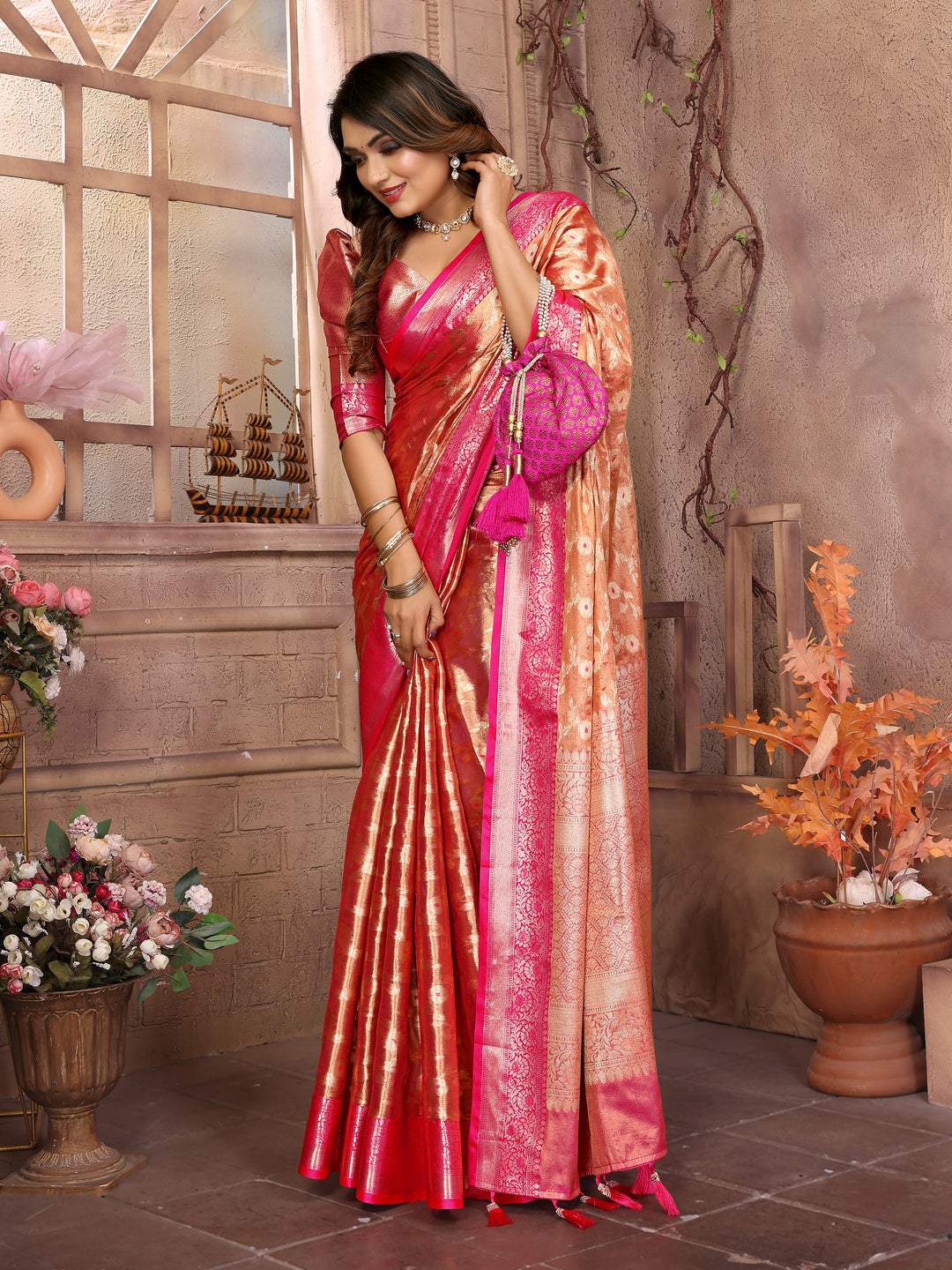 Orange Vanita Tissue Silk Saree Zari Designs and Contrast Zari Borders & Rich Pallu
