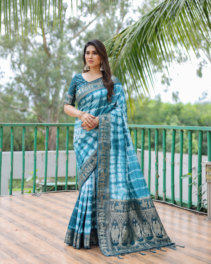 Blue Rangavelly Sibori Print Paithani Silk Sarees With Gold Zari Paithani Border & Contrast Rich Pallu