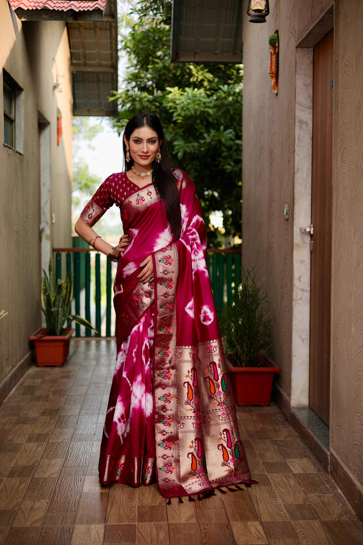 Maroon Vatika Sibori Print Paithani Silk Sarees With Gold Zari Paithani Border & Contrast Rich Pallu