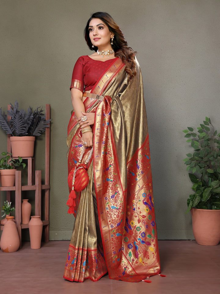 Red Mrudangi Pure Banarasi Tissue silk sarees contrast Paithani woven border classic pallu