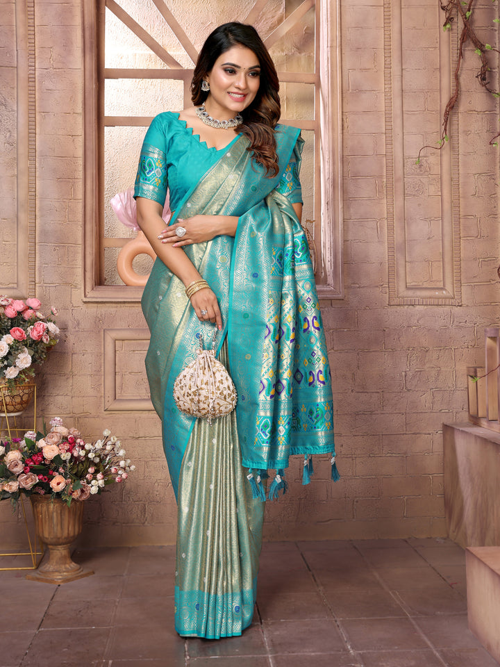 Sky Blue Vimala Banarasi Silk Saree With Contrast Paithani Woven Borders & Pallu