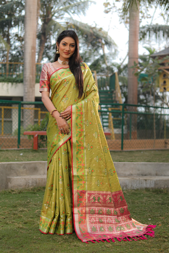 Mehndi-green Isha Organza Silk Sarees Ikkat Patola concept With Ikkat Patola weave pallu with tassels