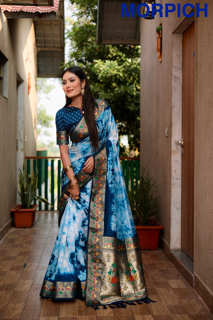 Navy Blue Flora Sibori Print Paithani Silk Sarees  With Gold Zari Paithani Border & Contrast  Rich Pallu