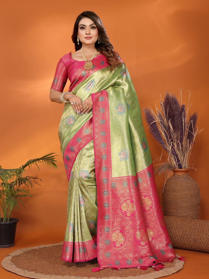 Parrot Saroj Banarasi Silk Saree With Contrast Paithani Woven Borders & Pallu