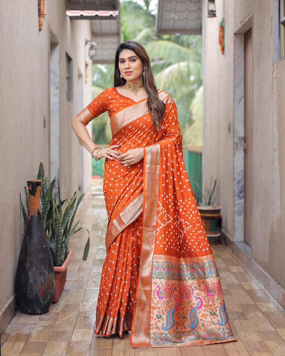 Orange Yashomati Dola Soft Silk Bandhej Sarees With Awesome Two Sides Jari Border &  Paithani Style Rich Pallu