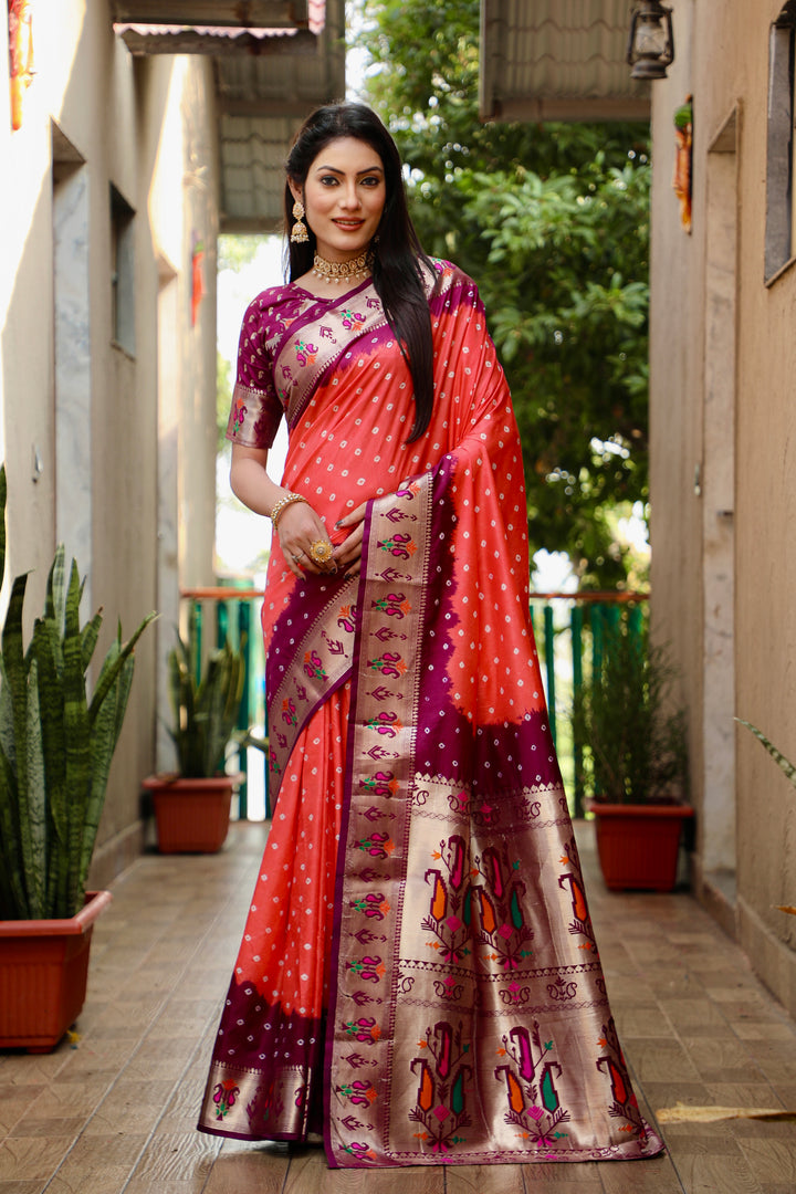 Peach Chandani Dola Soft Silk Bandhej Saree With Jari Paithani Border